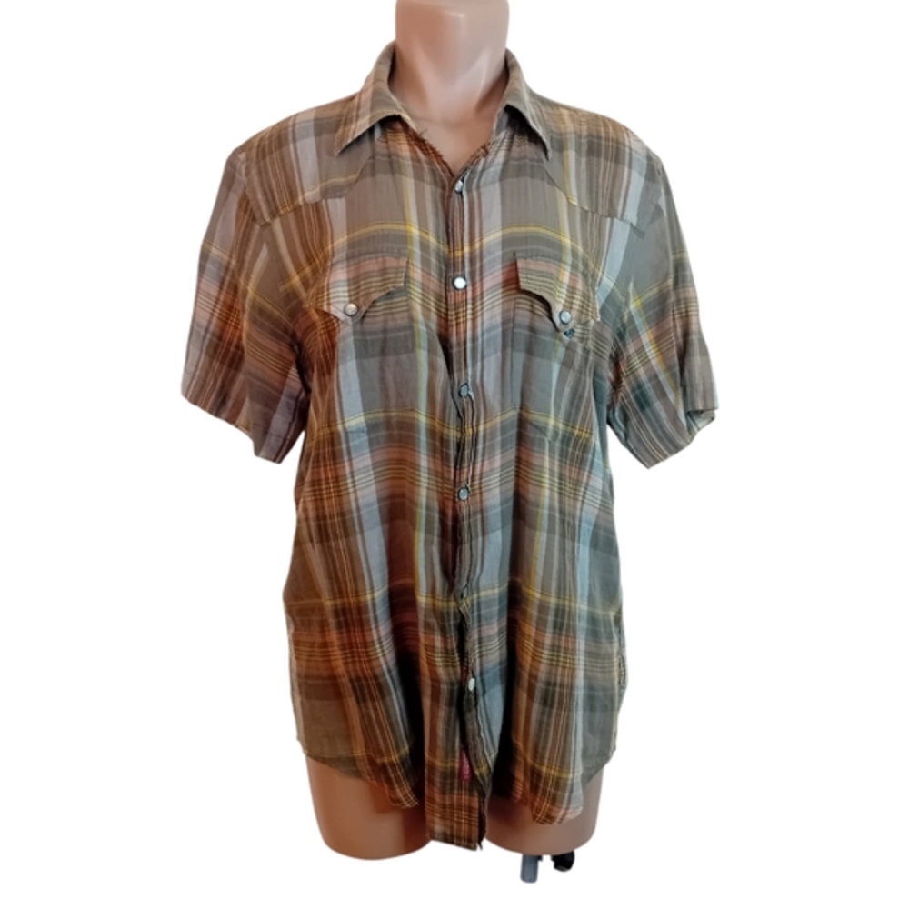 Womens Y2K Guess Army Green Plaid Ultra Lightweight Faux Pearl Button Up Shirt L